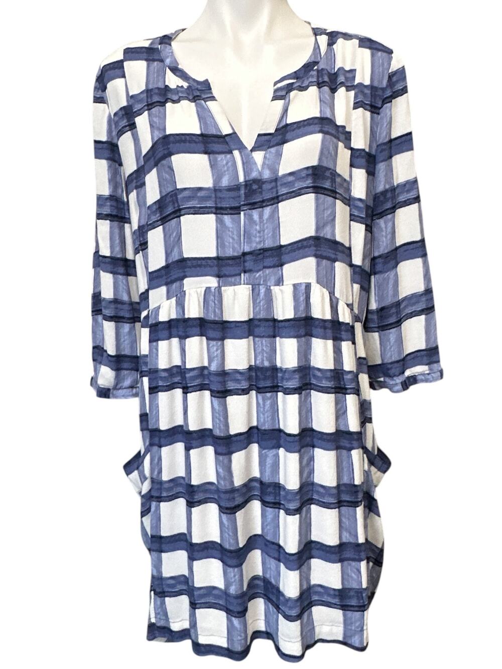 Maeve Anthropologie Blue Plaid Tie Waist Dress 3/4 Sleeve Pockets Size Large